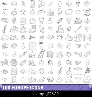 100 Europa set di icone di stile di contorno Illustrazione Vettoriale