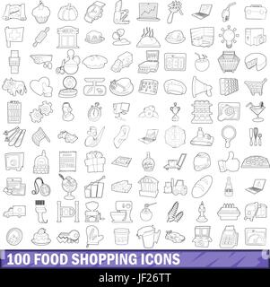 100 shopping alimentare set di icone di stile di contorno Illustrazione Vettoriale