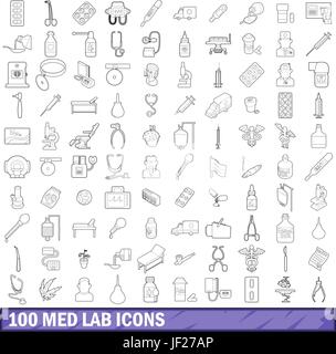 100 med lab set di icone di stile di contorno Illustrazione Vettoriale