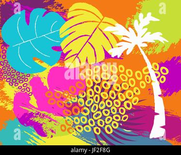 L'estate tropicale illustrazione con la giungla di piante, Palm tree leaf e colori vibranti astratta disegnata a mano scarabocchi. EPS10 vettore. Illustrazione Vettoriale