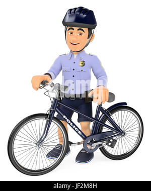 illustrazione delle persone delle forze di sicurezza 3d. Polizia in pantaloncini con la sua bici. Sfondo bianco isolato. Foto Stock