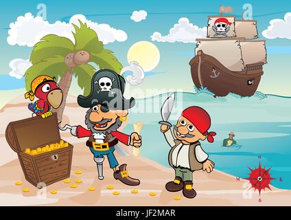 Spiaggia, mare, spiaggia, mare, pirati, isola, nave, tesoro, pirata, Illustrazione Vettoriale