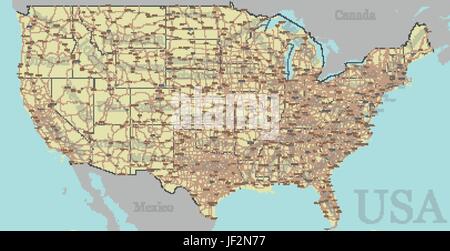 Il vettore ad alta precisione dettagliata, exact Stati Uniti d'America, american road, mappa autostradale con la marcatura. Pastello geografica amministrativa. C modificabile Illustrazione Vettoriale
