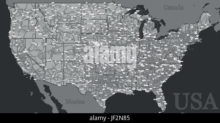 Il vettore ad alta precisione dettagliata, exact Stati Uniti d'America, american road, mappa autostradale con la marcatura. Geographic in bianco e nero monocromatico admini Illustrazione Vettoriale