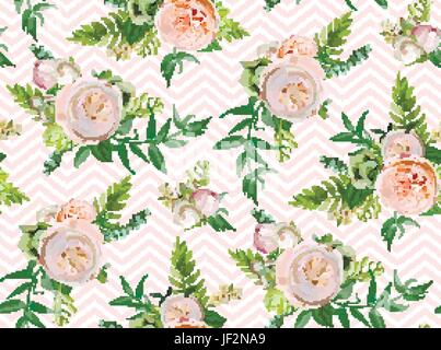 Vettore estate floreali seamless pattern: mazzi di fiori di rosa bianco giardino rose green succulenta cactus fiori piante stagionali verde elegante acquerello Illustrazione Vettoriale