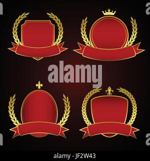 Golden, etichette, set, marketing, rosso, royal, arte, modello, design, progetto Illustrazione Vettoriale