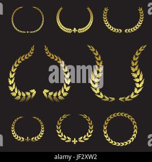 Golden, decorativo, bordi, cornici, set, successo, Triumph, pack, foglia, Illustrazione Vettoriale