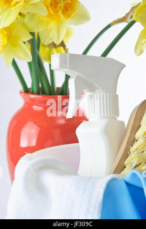 Colpo verticale con prodotti per la pulizia in primo piano e un vaso di narcisi in background per indicare la molla. Foto Stock