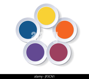 Cerchi Modello Diagramma infographics cinque posizioni. I cerchi colorati sono collocati su un cerchio con ombra. Sfondo bianco. Foto Stock