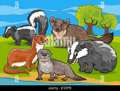Animali, illustrazione, la lontra, martora, tasso, skunk, cartoon, donnola, fumetti, Illustrazione Vettoriale