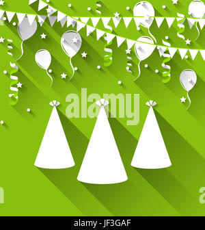 Illustrazione sfondo vacanze con party cappelli, palloncini e coriandoli ed appendere bandiere - Foto Stock