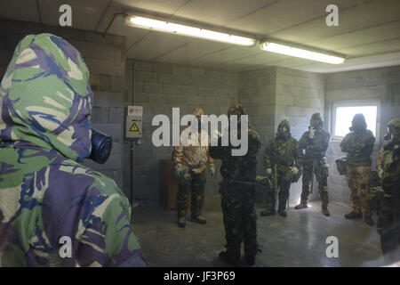 Un membro delle forze armate britanniche ha applicato la polvere di decontaminazione agli equipaggiamenti protettivi CBRN presso l'impianto CBRN del Centro di supporto all'addestramento dell'esercito statunitense sulla base aerea di Chièvres, in Belgio, il 9 maggio 2017, come parte dell'addestramento chimico, biologico, radiologico e nucleare. Foto Stock