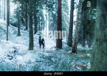 Uomo a camminare attraverso la foresta di inverno Foto Stock