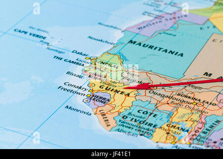 Foto di Guinea. Paese indicato dalla freccia rossa. Paese del continente africano. Foto Stock