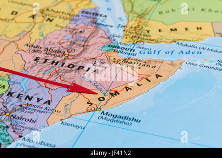 Foto della Somalia. Paese indicato dalla freccia rossa. Paese del continente africano. Foto Stock