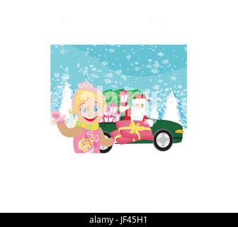 Santa Claus guida auto con i regali di natale Illustrazione Vettoriale