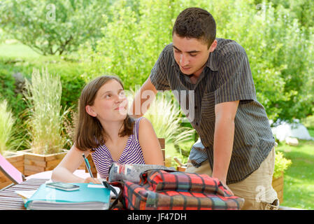 Giovane ragazza adolescente facendo il suo dovere con suo fratello Foto Stock