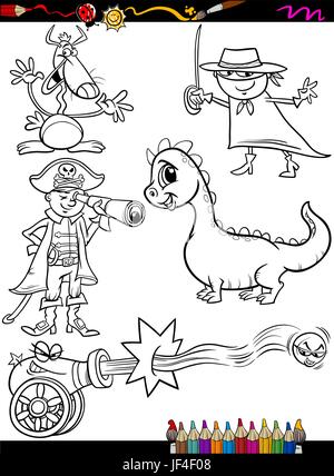 Fantasia, illustrazione, fiaba, dragon, cannone, pirata, cartoon, alieni, Illustrazione Vettoriale