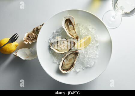 Ostriche con il limone su piastre Foto Stock