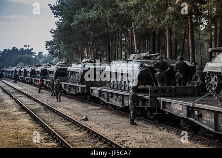 Decine di Polish BWP-1 fanteria veicoli da combattimento sono stati caricati su treni in Polonia. Stanno per essere trasportati Cincu in Romania per una prossima esercitazione NATO. Nobile Jump 2017 verificherà la disponibilità della NATO è molto alta disponibilità Joint Task Force (VJTF). Intorno al 4000 truppe provenienti da nove paesi della NATO stanno prendendo parte. Essi includono l'Albania, Bulgaria, Germania, Paesi Bassi, Norvegia, Polonia, Spagna, Regno Unito e Romania. Foto Stock