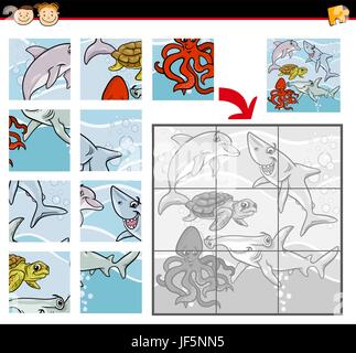 Istruzione, animali, pesci, illustrazione, jigsaw, puzzle jigsaw puzzle, cartoni animati Illustrazione Vettoriale