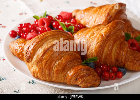 Deliziosi croissant al burro con frutti di bosco freschi close up su una piastra. Posizione orizzontale Foto Stock