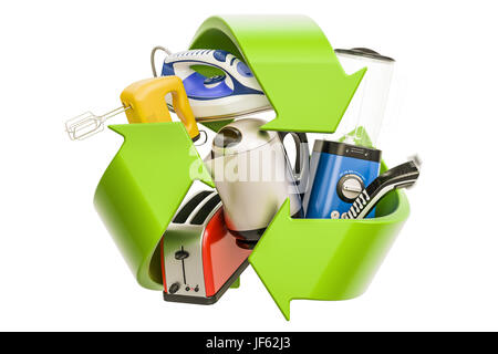 Elettrodomestici con il simbolo verde riciclare, rendering 3D Foto Stock