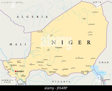 Niger, mappa, Atlas, mappa del mondo politico, deserto, terra desolata, Africa Illustrazione Vettoriale