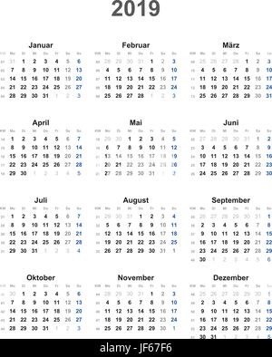 Calendario 2019 universal - esclusi i giorni festivi Illustrazione Vettoriale