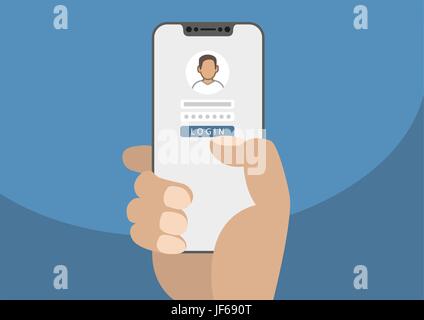 Log in pagina visualizzata sulla mascherina libero / prive di telaio touchscreen dello smartphone. Mano trattiene lo smartphone. Moderno design piatto illustrazione. Illustrazione Vettoriale