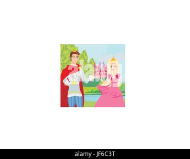 Bellissimo castello e la principessa con il principe Illustrazione Vettoriale