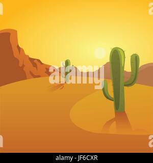 Fumetto, deserto wasteland, tramonto, cactus, wild west, cartoon, sfondo, Illustrazione Vettoriale