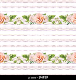 Vettore estate floreali seamless pattern design: mazzi di fiori di rosa bianco giardino rose green erbe fiori piante stagionali fern vegetazione sul polka dot backgr Illustrazione Vettoriale