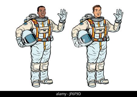 Africani e astronauti caucasici in tute spaziali Illustrazione Vettoriale