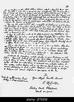 Samuel Richardson - lettera al Dottor Cox Macro nel rispondere alla sua critica di 'Sir Charles Grandison'. (Romanzo epistolare da Richardson) Ultima pagina. Il 22 marzo 1764. SR: scrittore inglese: 19 agosto 1689 - 4 luglio 1761. CM: antiquario e della chiesa di Inghilterra prelato, 1683 - 1767. Foto Stock