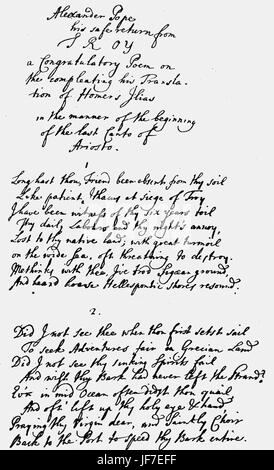 Poema di congratulazioni - da John Gay di Alexander Pope sul completamento del papa della traduzione di Omero. AP: Inglese autore e poeta: 21 Maggio 1688 - 30 maggio 1744. JG: inglese il drammaturgo e poeta, 16 settembre 1685 - 4 dicembre 1732. Foto Stock