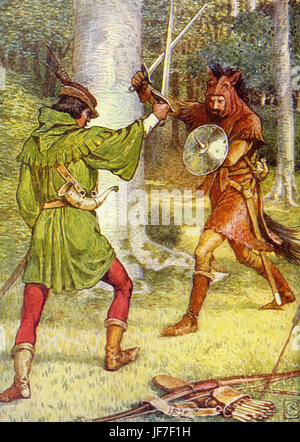 Robin Hood e gli uomini del Greenwood da Henry Gilbert. La didascalia recita: "L'clang di Spada contro spada'. (Robin Hood in lotta). Illustrato da Walter Crane. C.1912 Foto Stock