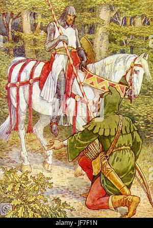 Robin Hood e gli uomini del Greenwood da Henry Gilbert. Didascalia rossi: "Benvenuto, Sir Knight, al greenwood'. (Robin Hood incontro un cavaliere nella foresta). Illustrato da Walter Crane. C.1912 Foto Stock