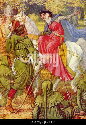 Robin Hood e gli uomini del Greenwood da Henry Gilbert. Didascalia rossi: "Robin Hood e la signora". (Robin Hood incontro la signora - moglie di Sir Richard a Lee). Illustrato da Walter Crane. C.1912 Foto Stock