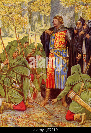 Robin Hood e gli uomini del Greenwood da Henry Gilbert. La didascalia recita: "Robin Hood e i suoi uomini si inginocchiano al re". Illustrato da Walter Crane. C.1912 Foto Stock