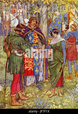 Robin Hood e gli uomini del Greenwood da Henry Gilbert. La didascalia recita: "Il re si unisce le mani di Robin Hood e Maid Marian'. Illustrato da Walter Crane. C.1912 Foto Stock