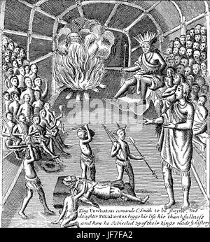 Pocahontas chiede per John Smith per essere salvati. La didascalia recita: "Re Powhatan comanda C. Smith per essere slayne, sua figlia Pokahontas beggs la sua vita la sua thankfullness e come egli sottoposto 39 dei loro re reade ye storia". JS: soldato inglese, marinaio e autore, 1580 - 21 giugno 1631. Foto Stock
