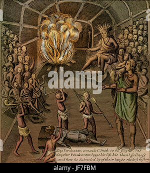 Pocahontas chiede per John Smith per essere salvati. La didascalia recita: "Re Powhatan comanda C. Smith per essere slayne, sua figlia Pokahontas beggs la sua vita la sua thankfullness e come egli sottoposto 39 dei loro re reade ye storia". JS: soldato inglese, marinaio e autore, 1580 - 21 giugno 1631. Foto Stock