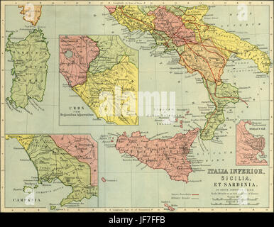 Mappa di Italia inferiore, Sicilia, Sardegna - il sud dell'Italia. Mostra le viste ingrandite della Campania, Urbs e Siracusa, nonché le strade militari e il percorso di Annibale 's viaggio attraversano le Alpi ( III secolo A.C. ). Disegnato da Keith Johnston F.R.S.E. Pubblicato in La classica senza rivali Atlas di W. e A.K. Johnston nel 1877. Foto Stock