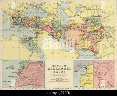 Mappa dell'impero di Alessandro il Grande ( IV secolo A.C. ), mostrando il suo percorso di conquista in Asia, del Medio Oriente e del sud dell'Europa. Mostra le viste ingrandite di Granicus, Isso e Arbela. Disegnato da Keith Johnston F.R.S.E. Pubblicato in La classica senza rivali Atlas di W. e A.K. Johnston nel 1877. Foto Stock