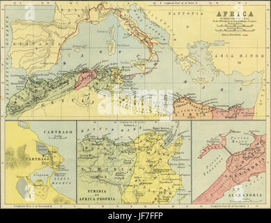 Mappe di Africa nell antichità classica - mappa che mostra Annibale 's percorso da Cartagine in Italia e Spagna, che attraversano le Alpi ( III secolo A.C. ). Mappe di Cartagine, di Alessandria e di Numidia e Africa propria. Disegnato da Keith Johnston F.R.S.E. Pubblicato in La classica senza rivali Atlas di W. e A.K. Johnston nel 1877. Foto Stock