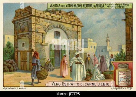 Arco Trionfale di Marco Aurelio, vicino a nordest ingresso della medina di Tripoli, in Libia. Rovine dell'Impero Romano in Africa. Liebig collezionisti di card 1914 Foto Stock