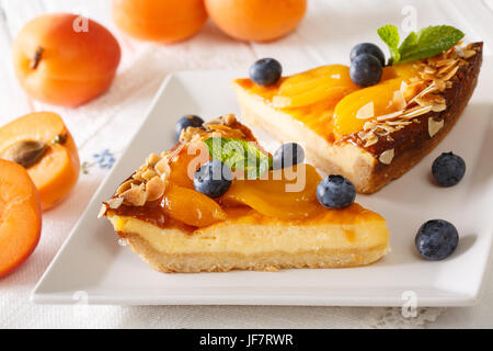 Cheesecake con albicocche, mirtilli, menta e dadi close-up su una piastra orizzontale. Foto Stock