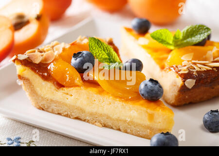 Deliziosa cheesecake con albicocche, mirtilli e mandorle close-up su una piastra su un piano orizzontale. Foto Stock