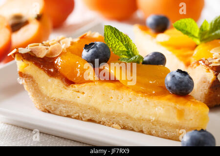 Un bel dessert: una cheesecake con albicocche, mirtilli e mandorle close-up su una piastra orizzontale. Foto Stock